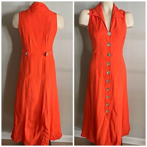 Vintage Coldwater Creek Orange Linen Blend Dress 8 Button Front Y2K Cottagecore - Picture 1 of 9